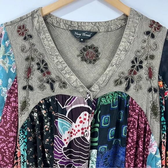 Boho Patchwork Button Down Blouse M | Embroidered Flowy Layering Top - Picture 3 of 11